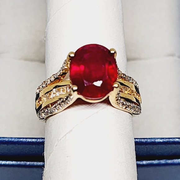 Ruby & White Topaz bridge ring in 14K Yellow Gold over 925 SS4.75 cts sz 5 - Picture 4 of 6